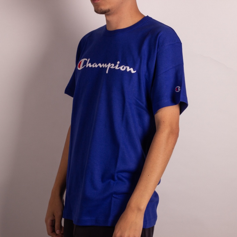 Camiseta Champion Script Patch Logo Azul