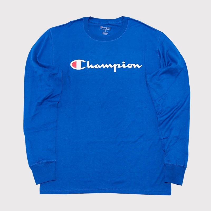 Camiseta Manga Longa Champion Script Embroidery Logo Azul