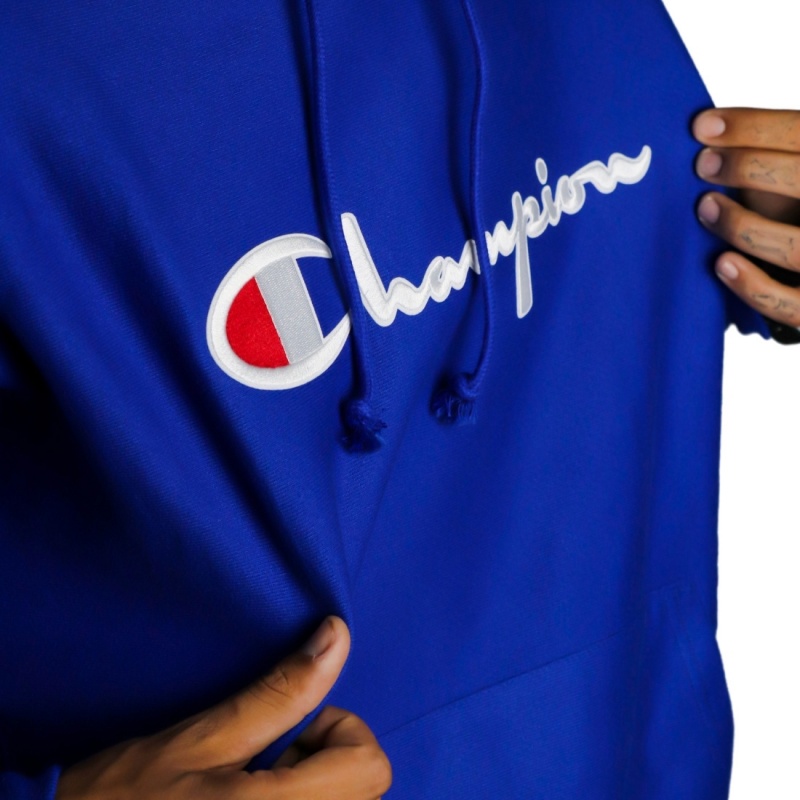 Moletom Champion Canguru Script Patch Logo Azul Escuro