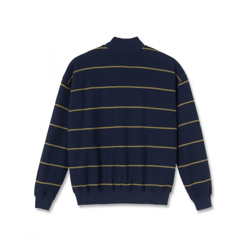 Malha Polar Stripe Zip Neck Azul Escuro