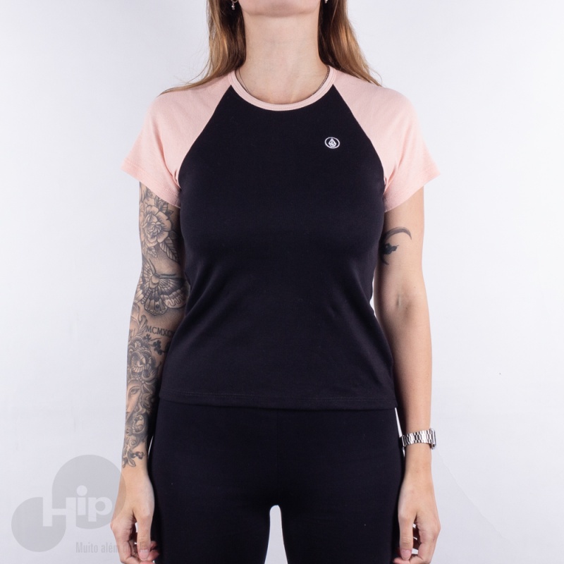 Baby Look Volcom Lived In Lounge Preto/Rosa