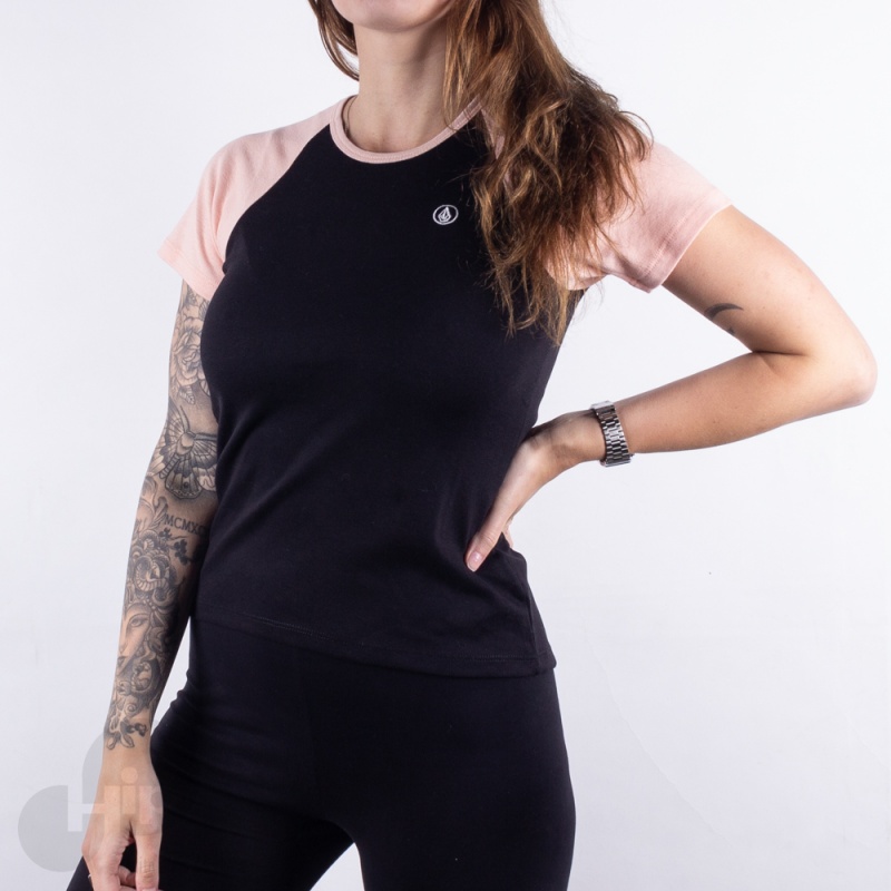Baby Look Volcom Lived In Lounge Preto/Rosa