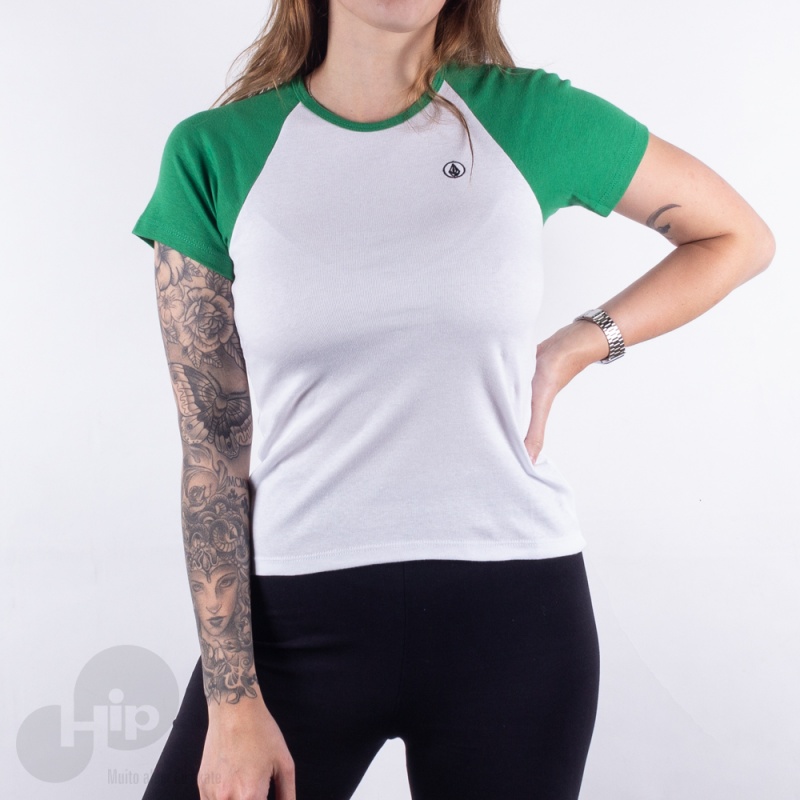 Baby Look Volcom Lived Lounge Branca/Verde