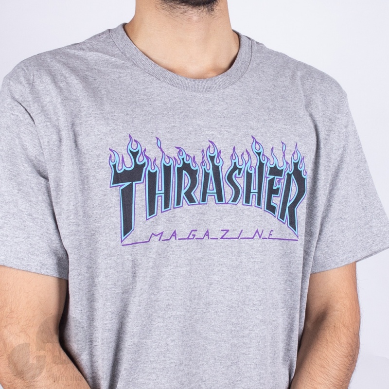 Camiseta Thrasher Purple Flame Cinza Claro