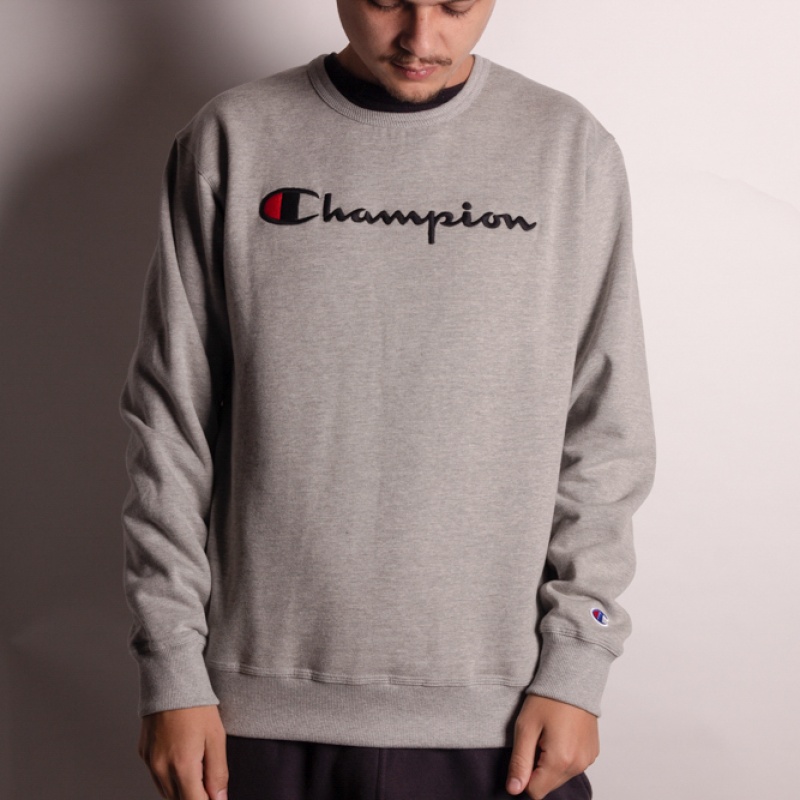 Moletom Crewneck Champion Script Patch Logo Cinza Claro
