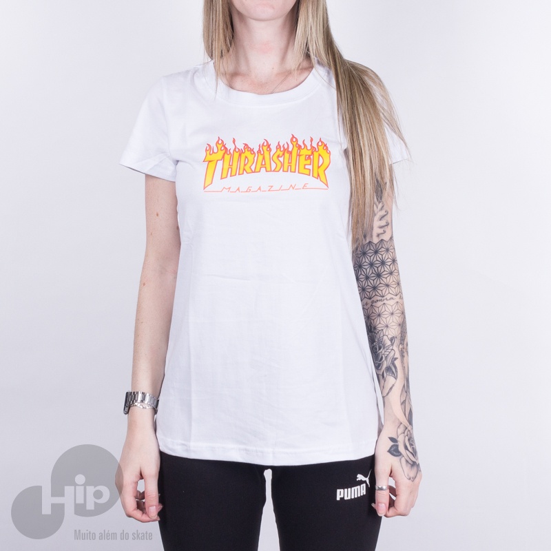 Camiseta Feminina Thrasher Flame Logo Branca