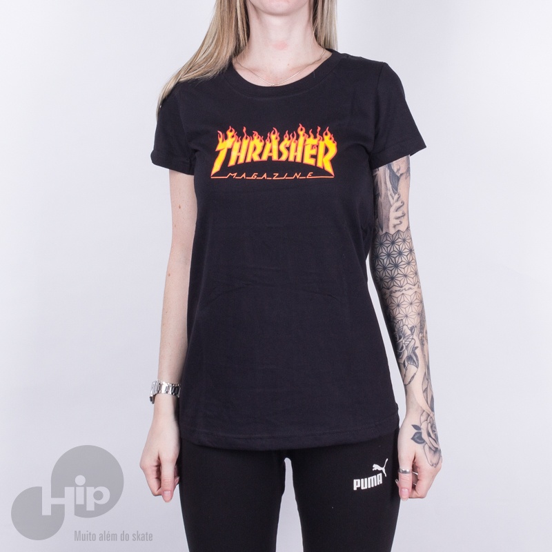 Camiseta Feminina Thrasher Flame Logo Preta