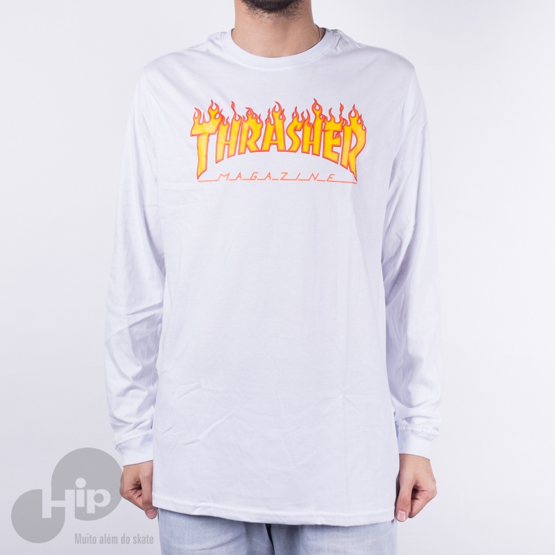 Camiseta Manga Longa Thrasher Flame Logo Branca