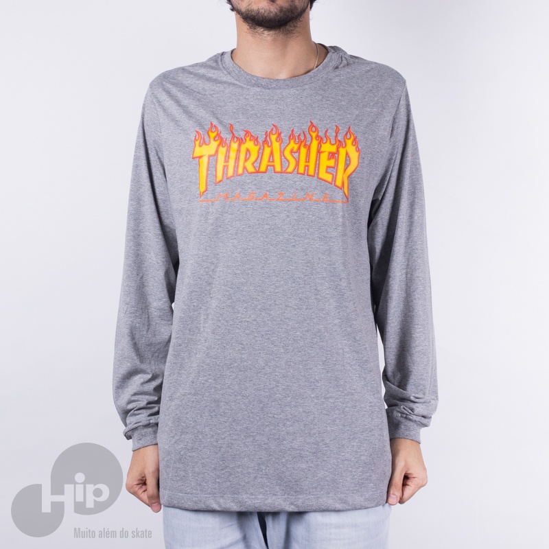 Camiseta Manga Longa Thrasher Flame Logo Cinza Claro