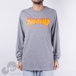 Camiseta Manga Longa Thrasher Flame Logo Cinza Claro